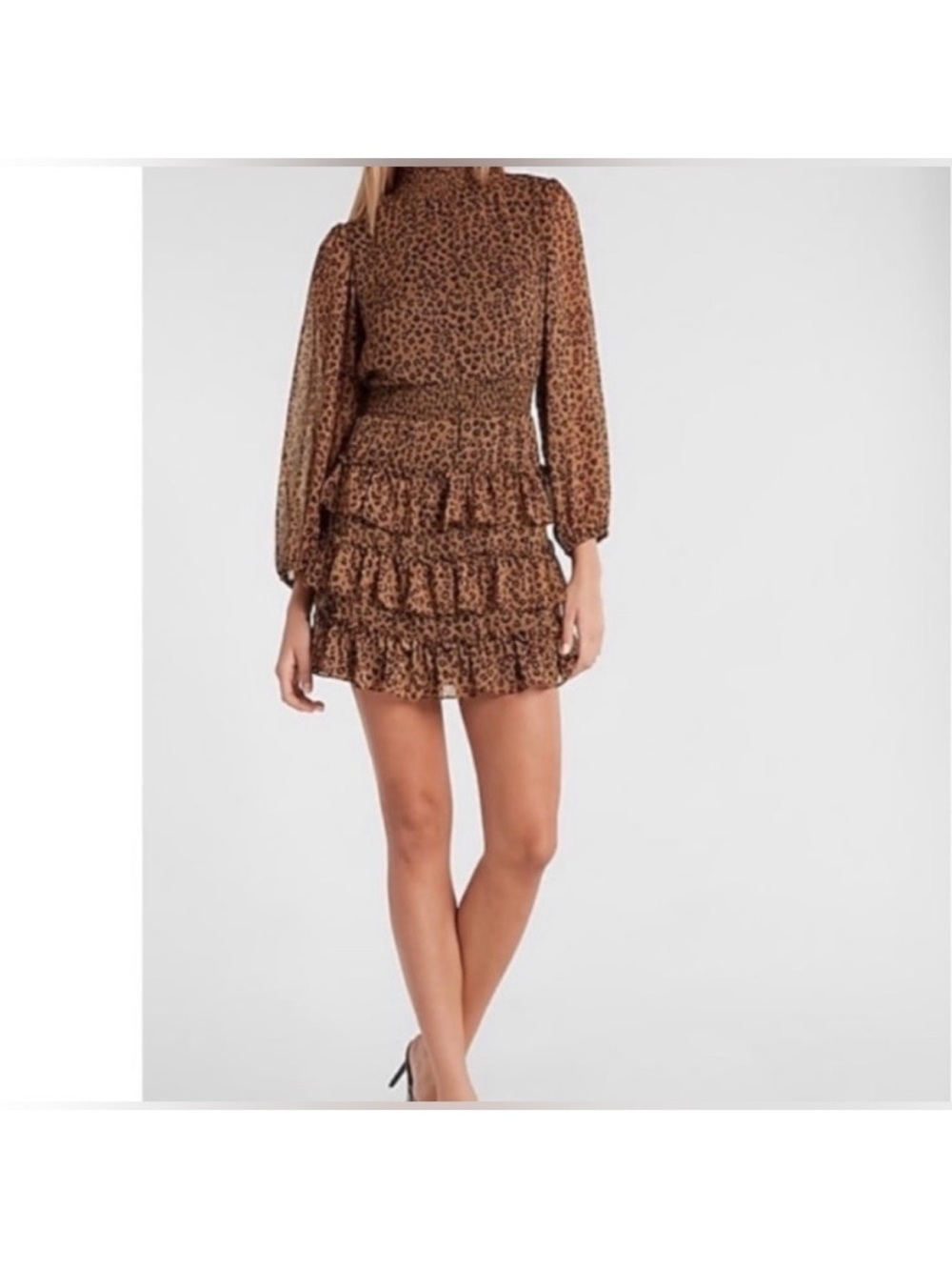 Express Smocked Waist Leopard Print Ruffle Dress - Tan & Black XS